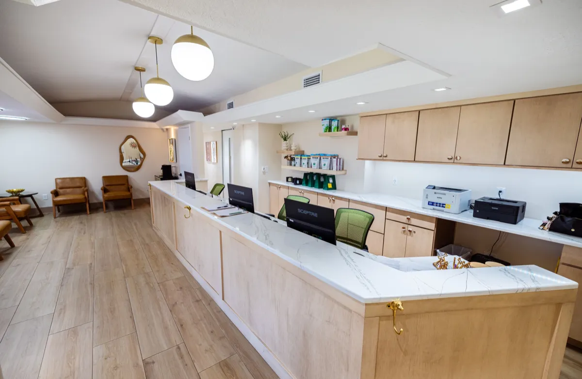 Welcoming Lobby - Bright, comfortable waiting area with separate spaces for dogs and cats