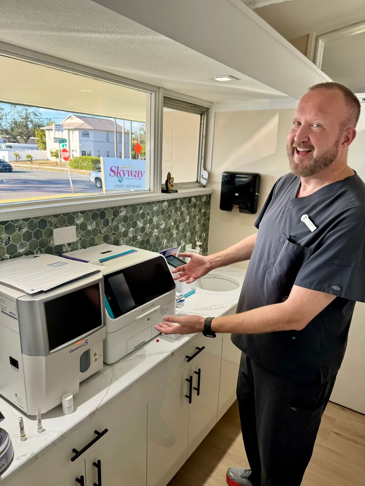 Dr. Cartzendafner at the in-house lab providing rapid diagnostics for urgent cases